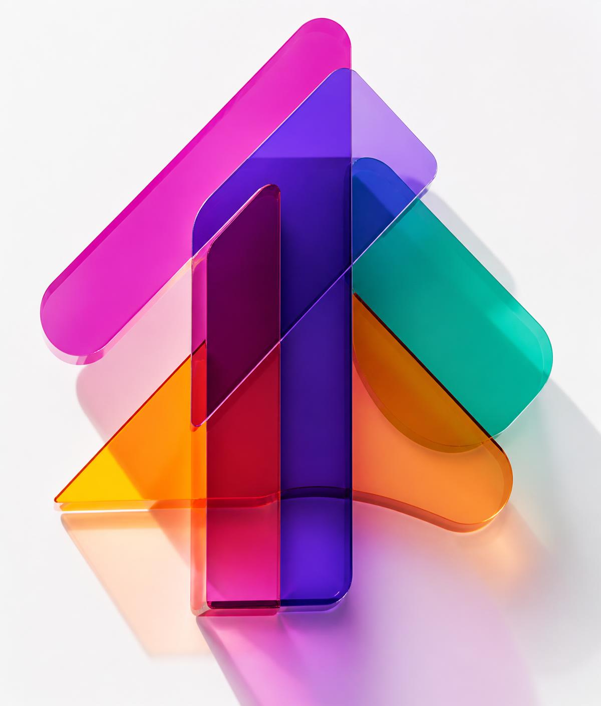 Formas translúcidas de colores formando una flecha ascendente
